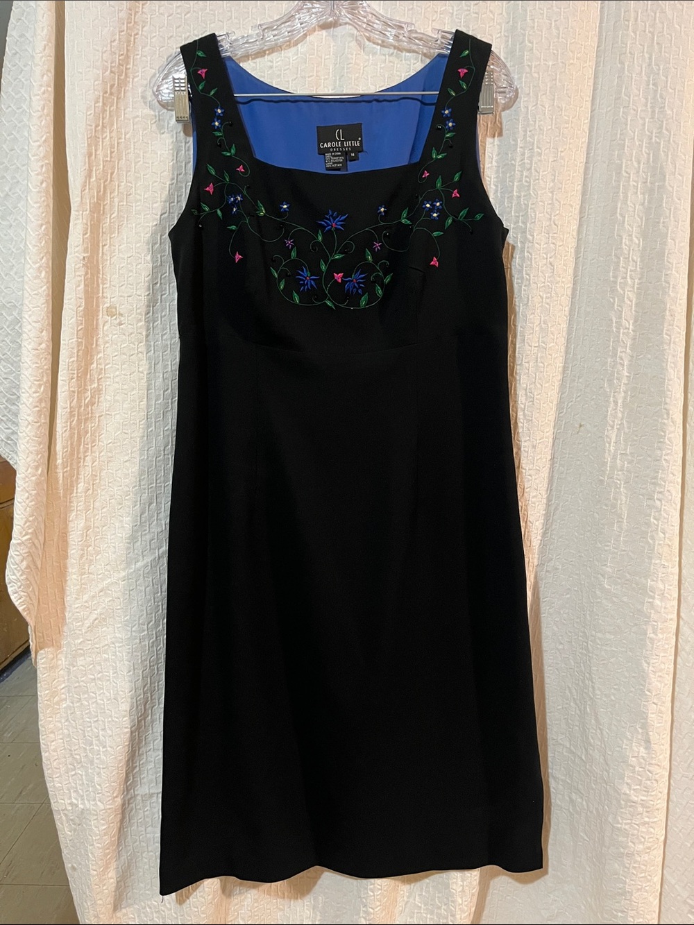 CAROL LITTLE Black Sleeveless Lined Dress w Dainty Embroidered & Beaded Flowers